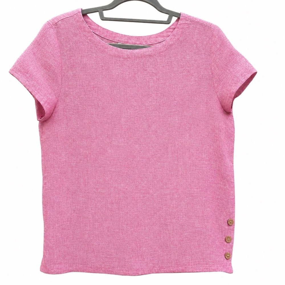 Womens Medium 100% Linen Top Pink Short Sleeve Blouse Beach Lagenlook Relaxed